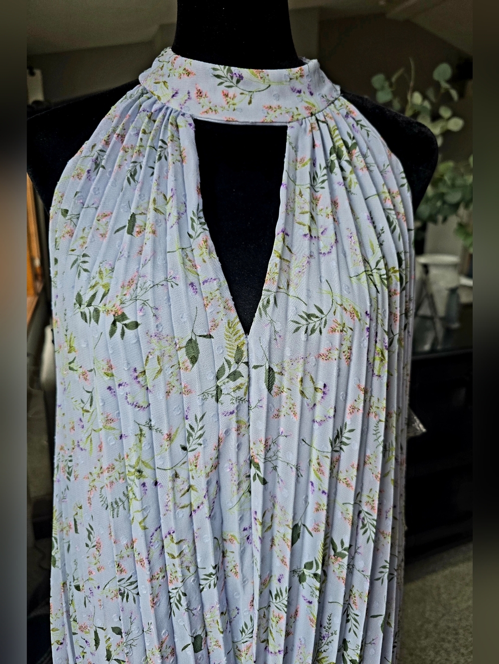 CeCe Light Blue Floral Pleated Halter Maxi Dress - Picture 4 of 7